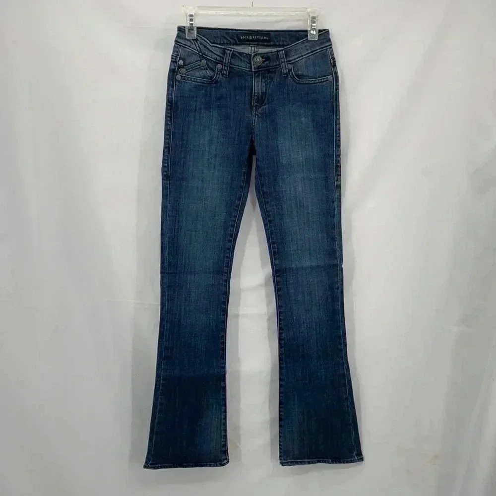Rock & Republic Kasandra Bootcut Jeans Womens 0 Medium Wash Flap Pocket Low Rise